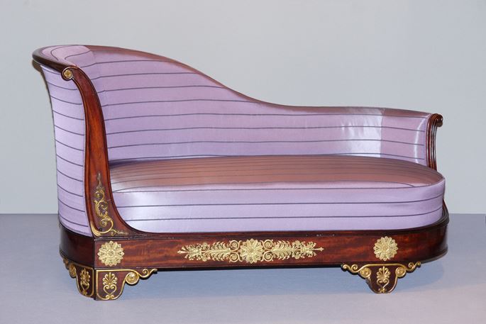 A late empire carved, veneered and gilt mahogany and ormolu mounted meridienne in the manner of Jeanselme | MasterArt
